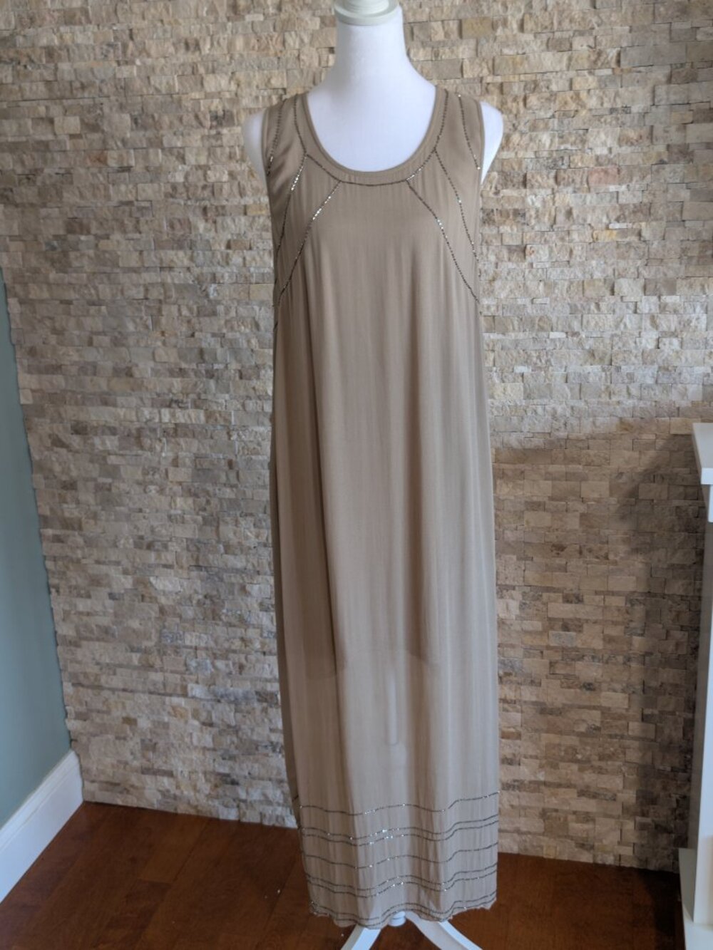 Chan Luu Beaded Maxi Dress Cardigan Set Tan Chiffon Fringe Racerback Slit L - Picture 2 of 16